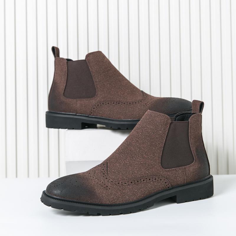 Fashion Men Chelsea Boots Faux Suede Block Carving Low Heel High Top Business Casual Boots Comfortable Breathable Men Boots