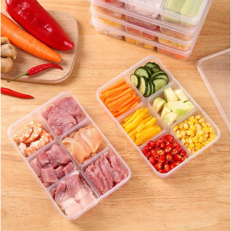 Transparente Aufbewahrungsbox mit 6 Fächern Kühlschrankbehälter mit großer Kapazität Aufbewahrungsbox Fach für gefrorenes Fleisch Lebensmittel Küchenwerkzeug