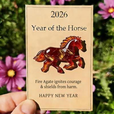 Klein paardje om in je zak te knuffelen, gelukbrengend acryl paardje met kaartje, Jaar van het Paard 2026, betekenisvol cadeau voor vrienden.
