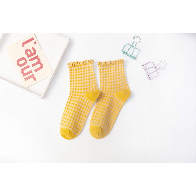 Female Spring and Autumn Vintage Square Checked Fungus Lace Lovely College Wind Tube Cotton Socks