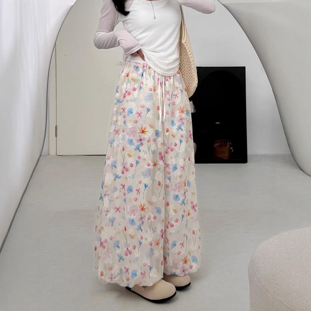 

Цветочные брюки-юбка для женщин на лето Новые с высокой талией Прохладные С высокой талией Тонкие Широкие штанины Средней длины Брюки-бутон L