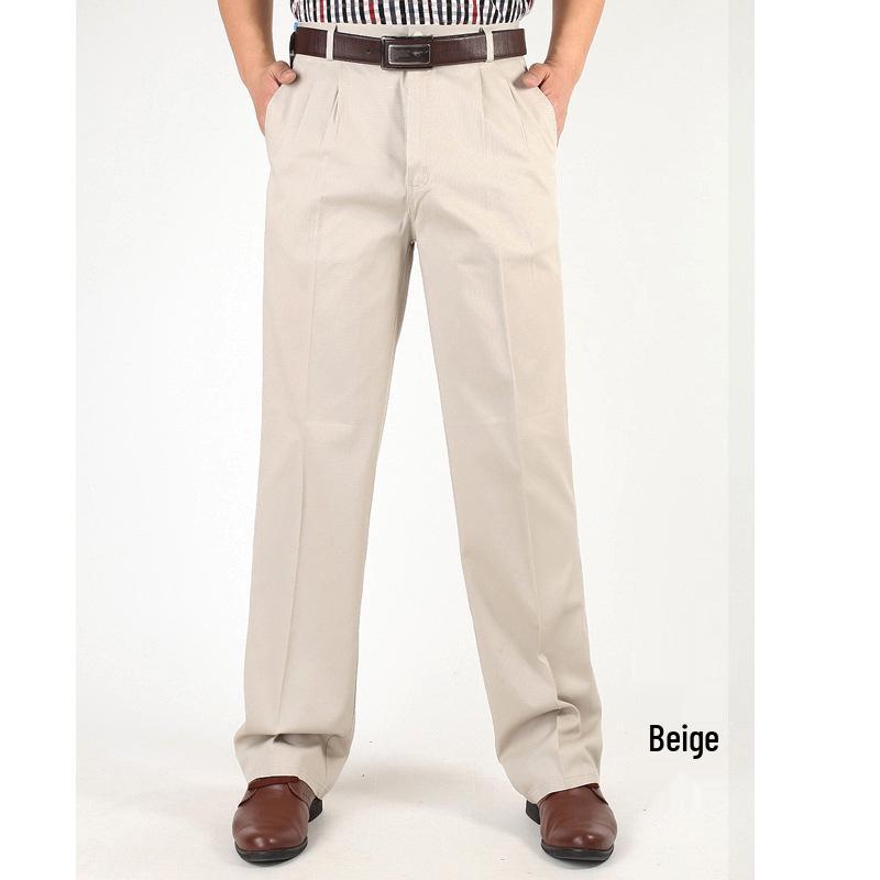 Men's High Waist Double Pleated Cotton Pants - Spring/Summer, Loose Straight Leg, Plus Size