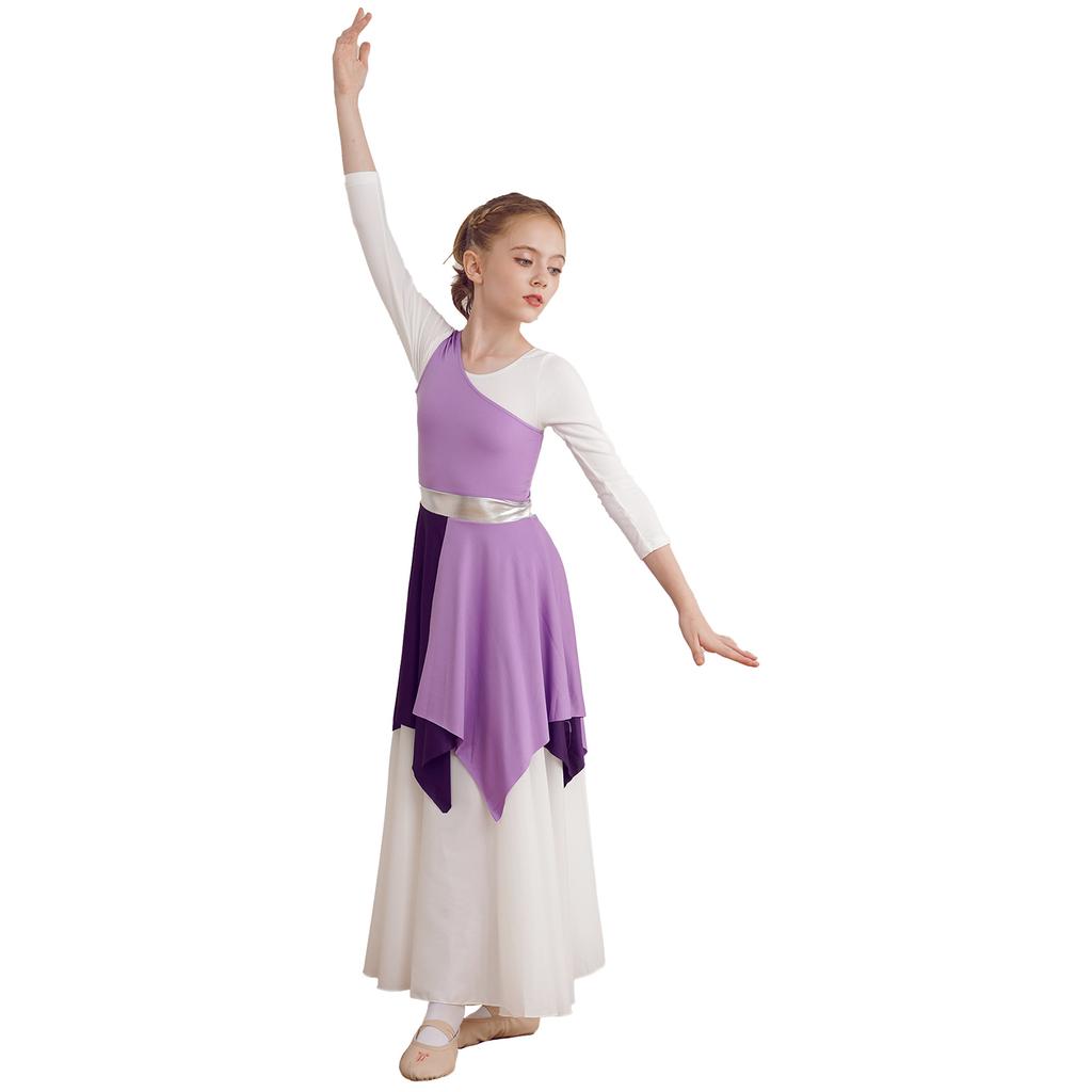 Mädchen Asymmetrische Tunika Tanzkleid - Ärmellos Einseitige Schulter Kontrastfarbenes Design