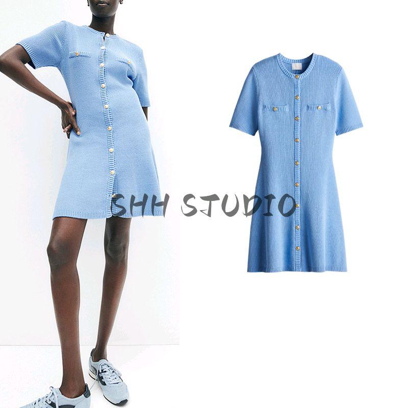 Spring and Summer Women clothes Simple Style round Neck Short sleeve Cotton Front Buckle Rib Knitted dress 1229076