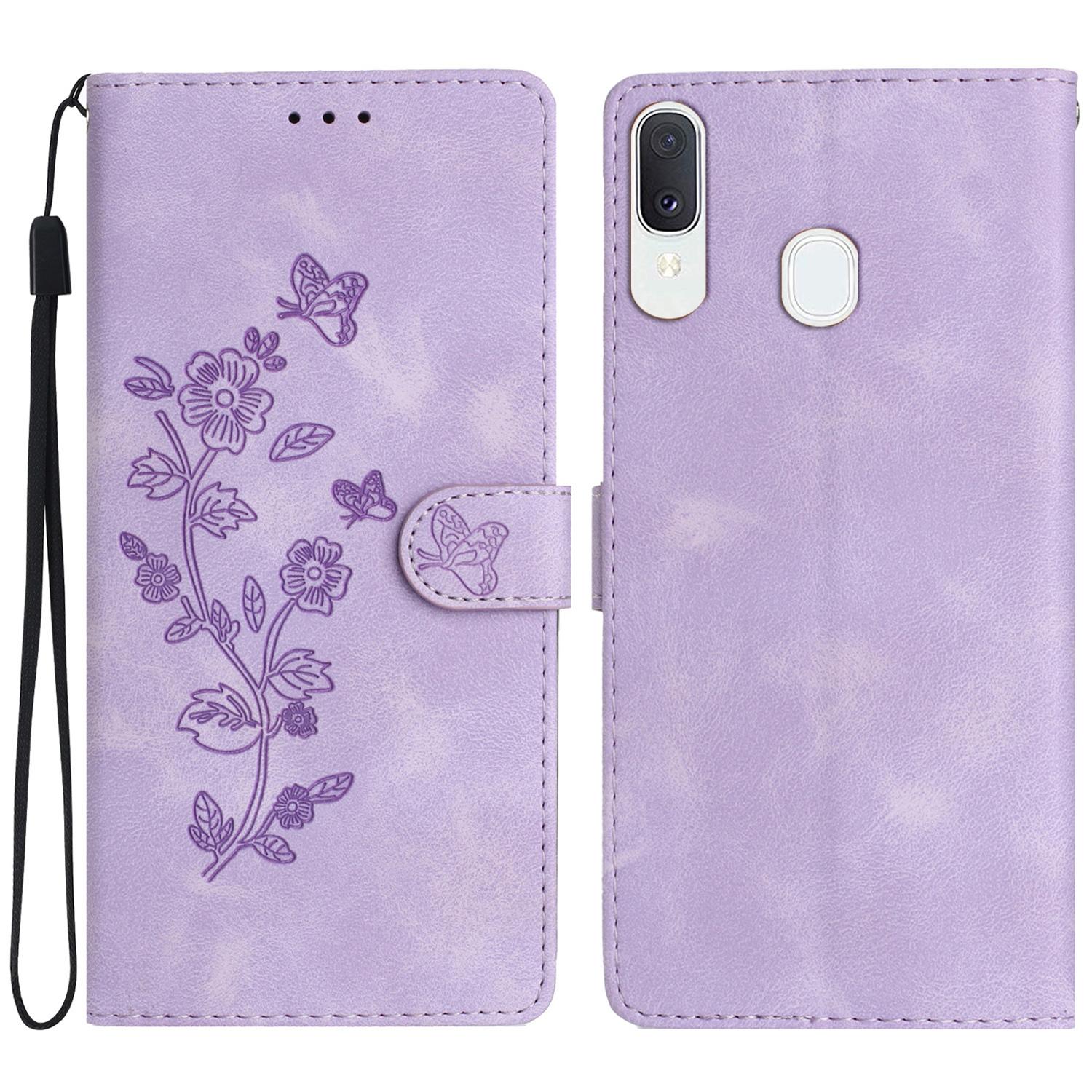 

Flower Imprint Wallet Phone Case for Samsung Galaxy A40 PU Leather Stand Shockproof Cover Purple