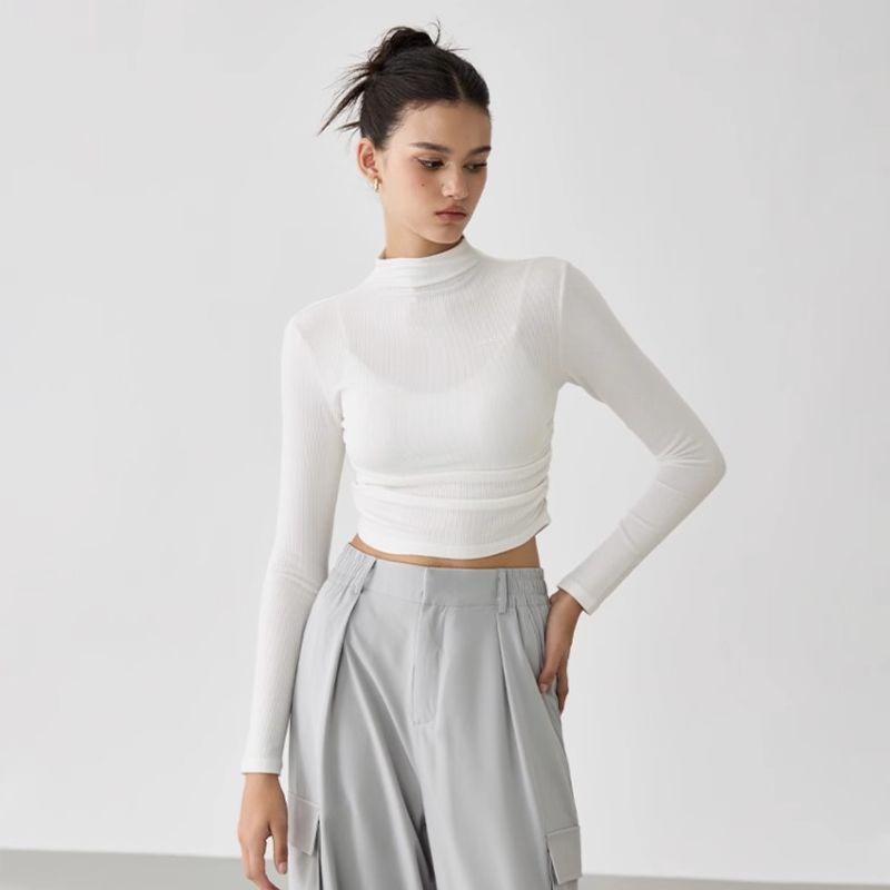 

Mitaogirl Spring and Autumn High Collar Quick-Drying Sports Top Women Mesh Long sleeve Yoga Clothes Breathable Running Workout Clothes White S(Suggested 40.00 kg-45.00 kg)