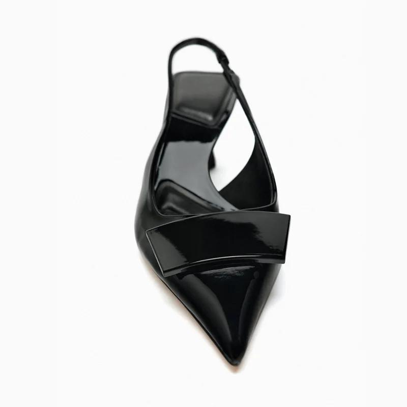 Fashion Luxury Designer Slingback Mules Heels Women Sexy Pointed Toe Patent Leather Thin Heeled Sandals Comfortable Elegant Office Shoes