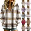 Women's Plaid Print Long Sleeve Hooded Jacket with Pockets and Casual Coat
