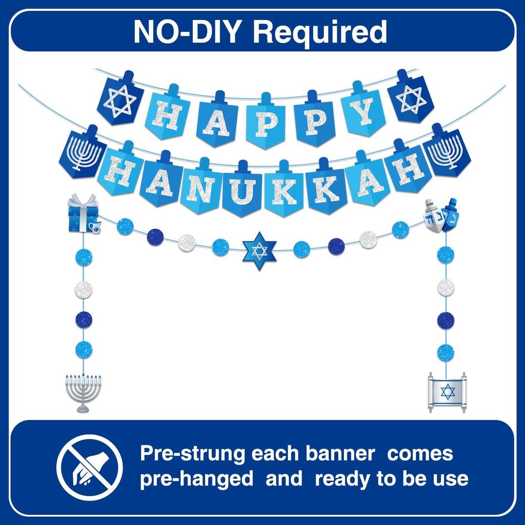Hanukkah Decorations Banner, Pre-assembled Hanukkah Party Decor Garland, Happy Hanukkah Sign Banner, Chanukah Decorations for Home, Blue Glitter