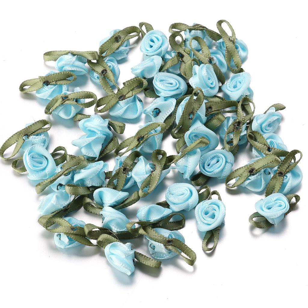 50 peças 1,5x2,5cm Mini Flor de Rosa Fita de Cetim de Poliéster Rosetas Apliques de Tecido Para Casamento Festa Roupa Costura Decoração