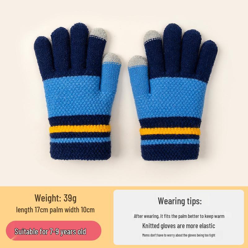 Children's Touchscreen Writing Gloves - Men's Warm Knitted Wool for Autumn Winter, Cold-Proof, Five-Finger Design for Students and Girls