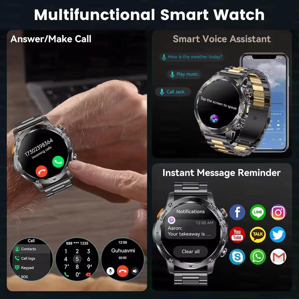 2026 Smartwatch T-REX3 1000mAh Großer Akku HD Bluetooth Anruf 1,7 Zoll Großer Bildschirm LED Taschenlampe Sport Wasserdicht Smartwatch Herren