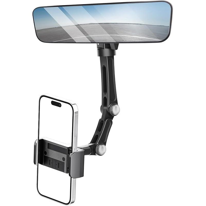 Karmus Rear View Mirror Phone Holder, Aluminum Alloy Mount Car Phone Holder Universal Rotatable and Retractable Rearview Mirror Phone Mount for Car