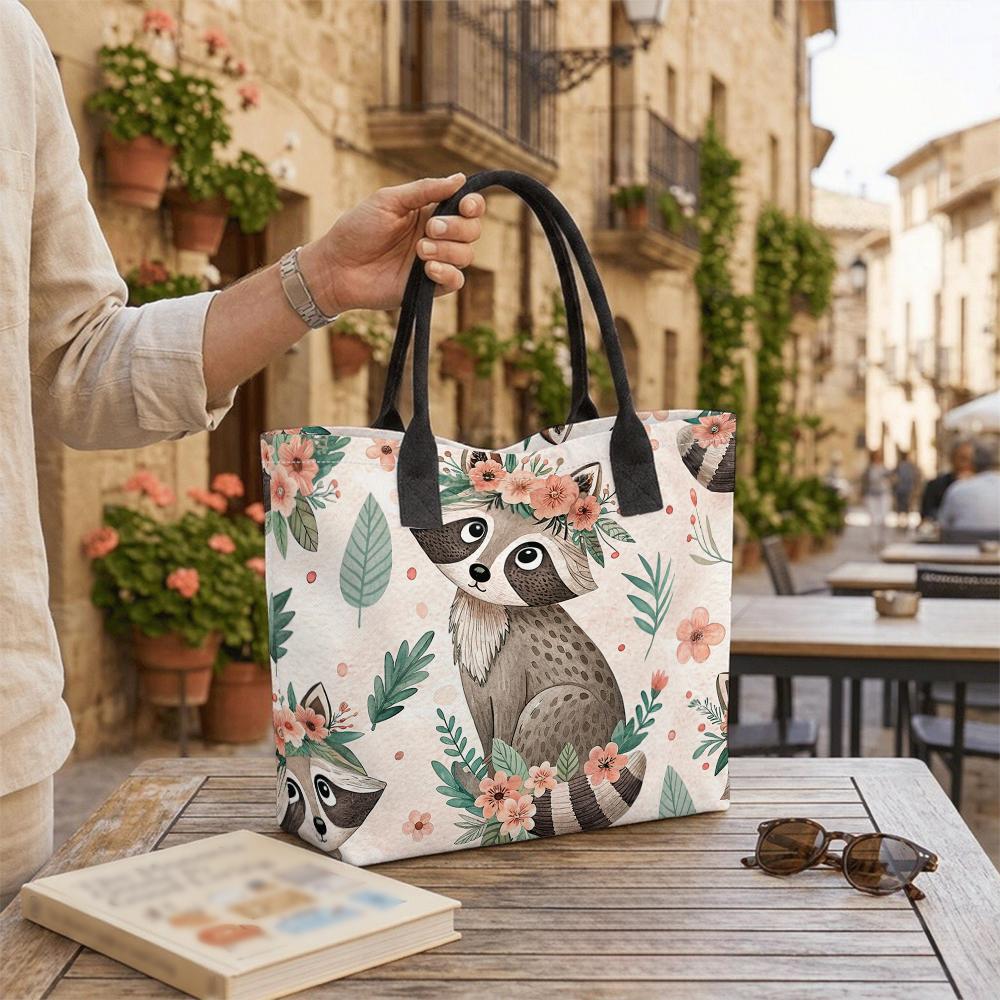 Cute Raccoon Floral Printed Tote Bag Large Capacity Casual Daily Shoulder Handbag for Women Shopping Travel