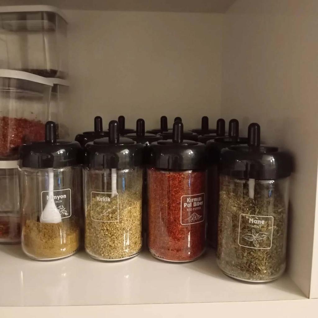 12 Piece Glass Spice Jar Set – 300 ml Containers with Labels, Lids & Built-In Spoons Attached to the Covers for Easy Use