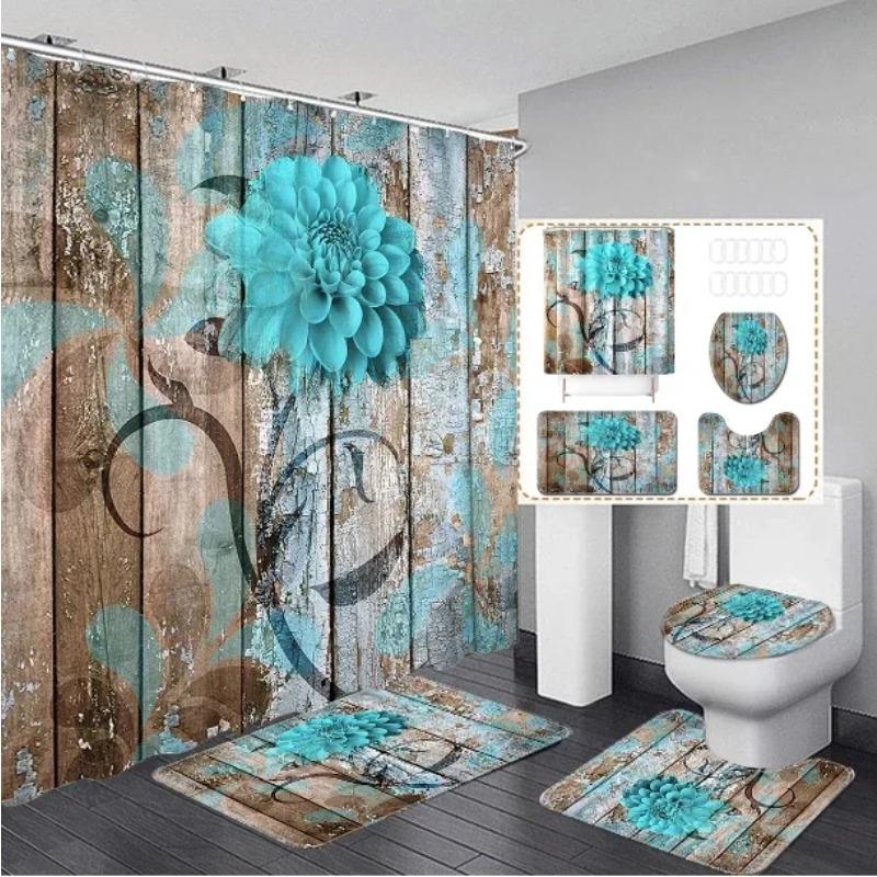 4pcs Set Doormat Shower Curtain with Non-Slip Rugs Toilet Seat Cover Bath Carpet Durable Waterproof Bathroom Home Entrance Decor