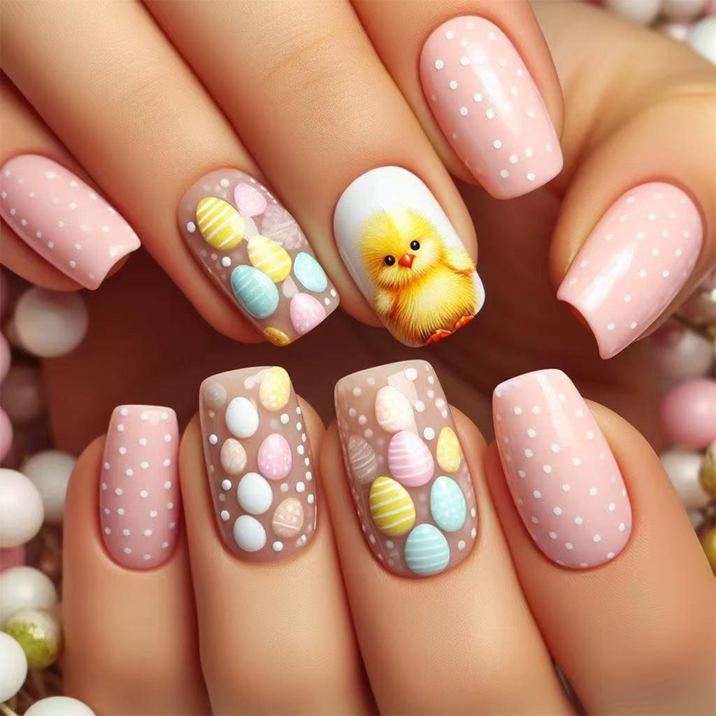 24pcs Square Press On Nail with Chick Pattern Short Artificial Nail Full Cover False Nail Manicure Nail Art for Women