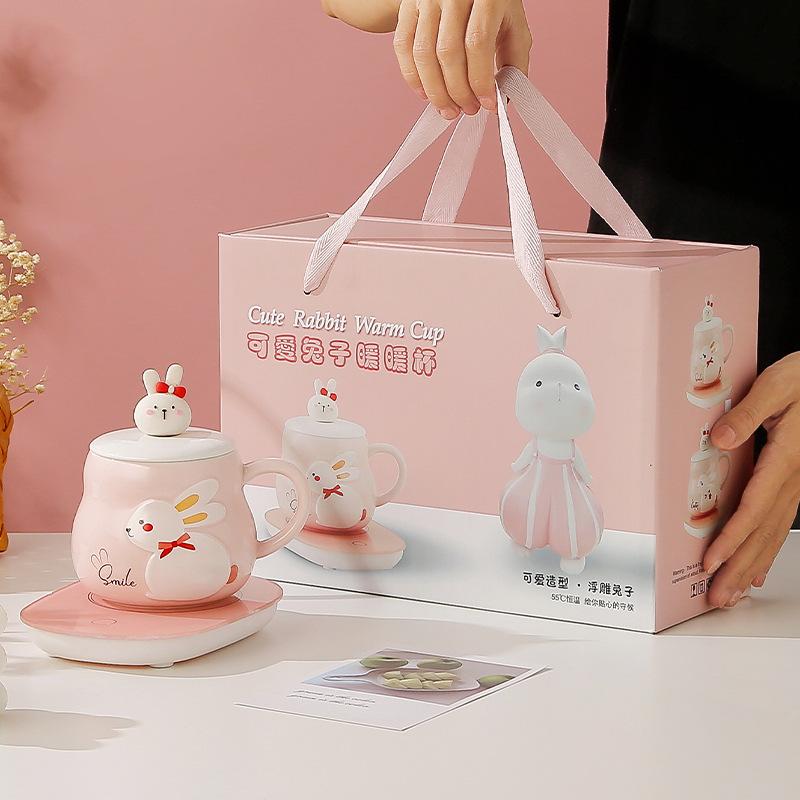Rabbit Warm Warm Constant Temperature Cup Heating Coaster Insulated Ceramic Cup Cute Gift Water Cup Souvenir Set