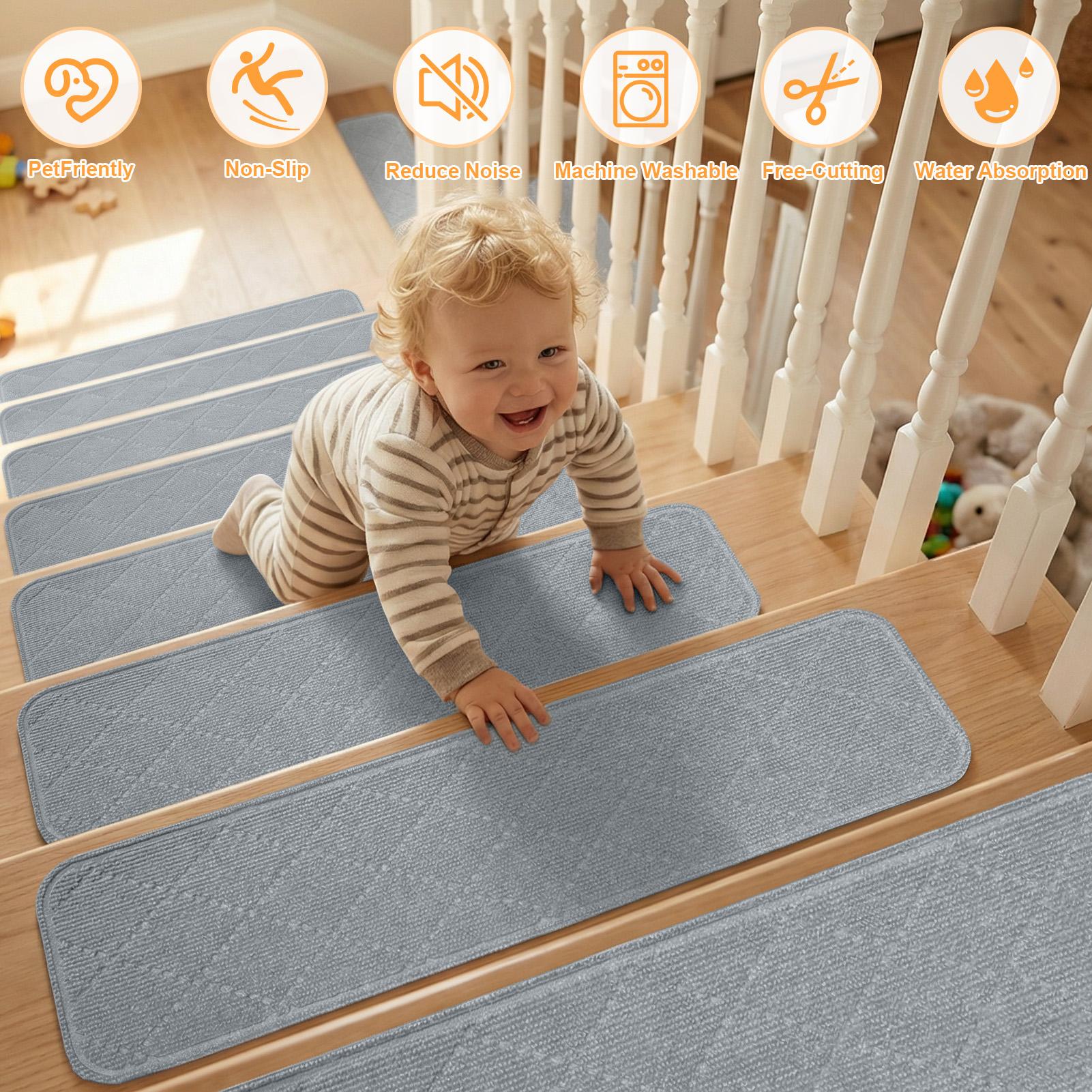 

4Pcs Stair Treads for Wooden Steps 20x76CM Washable Non Slip Carpet Stair Treads Soft Peel Stick Stair Runner Rugs for Kids Pet 4Pcs 20x76CM светло-серый