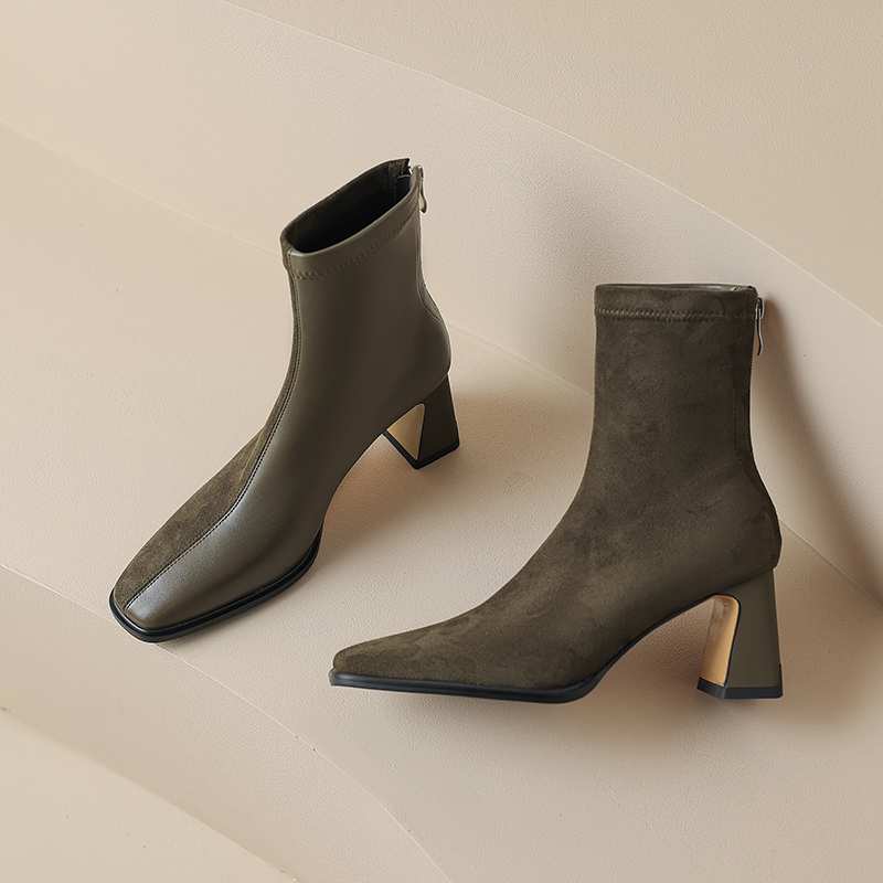 Krazing Pot Microfiber Flock Winter Square Toe Thick High Heels Slip on Stretch Boots Stovepipe Women Ankle Boots