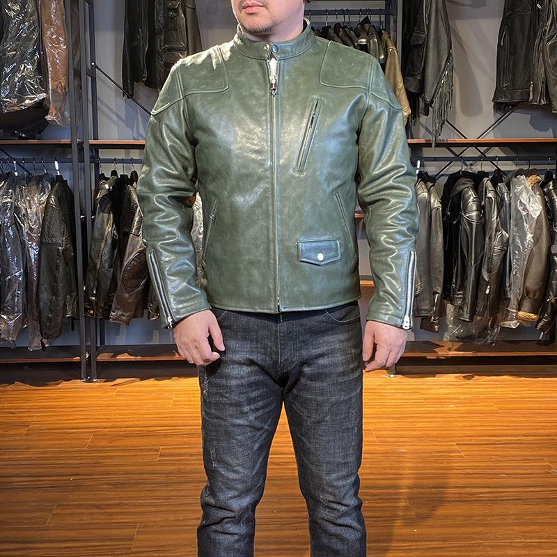 Chaqueta de moto de cuero caqui para hombre - Estilo Venom, cuello alto, piel de vaca
