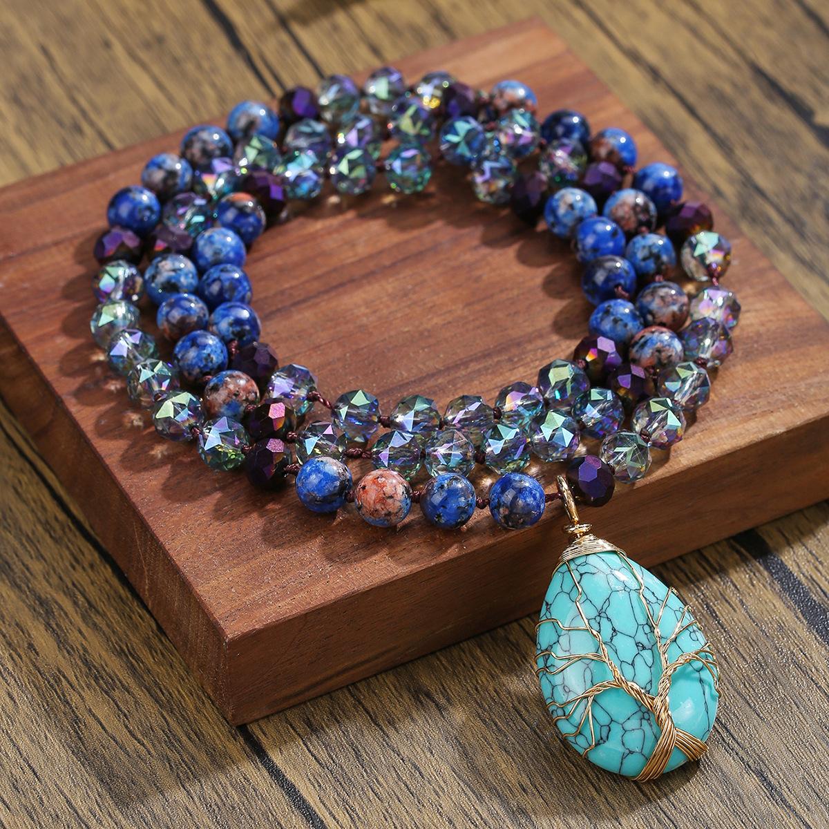 Natural crystal pendant, sweater chain, tree of life pendant, long bead, necklace, bohemian jewelry, turquoise