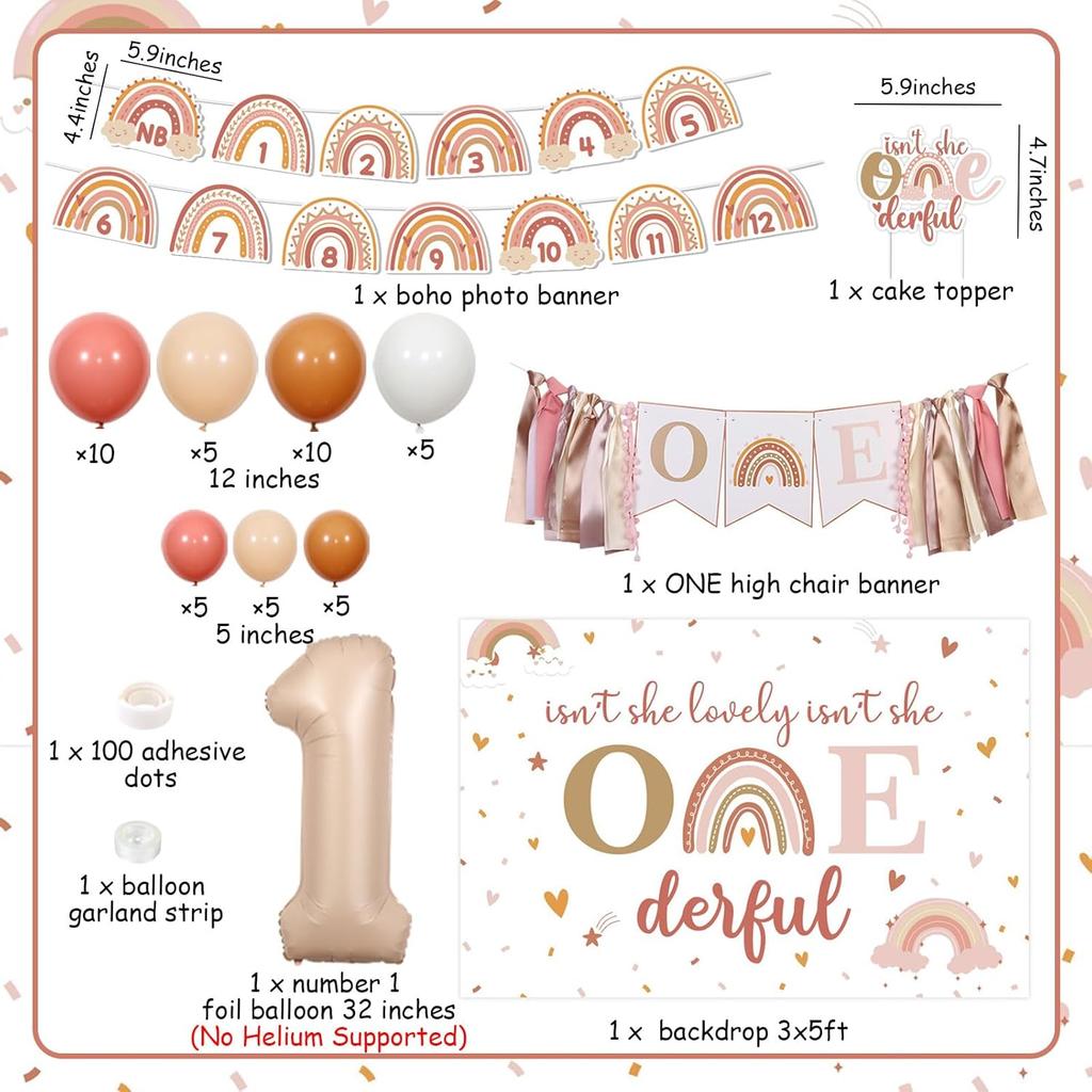 Boho Rainbow 1st Birthday Decorations for Girl, Isn’t She Lovely Isn't She Onederful Backdrop Cake Topper Apricot Pink Balloon Garland Arch Kit