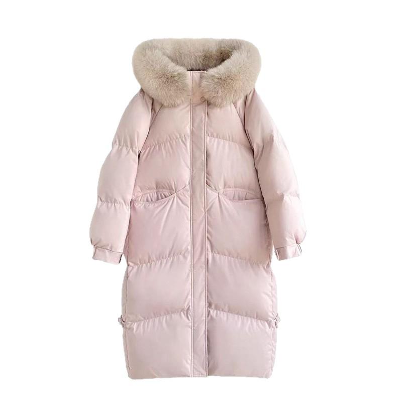 Pink big fur collar cotton-padded clothes for women's winter new loose knee-padded clothes, long warm and thickened cotton-padded jacket.