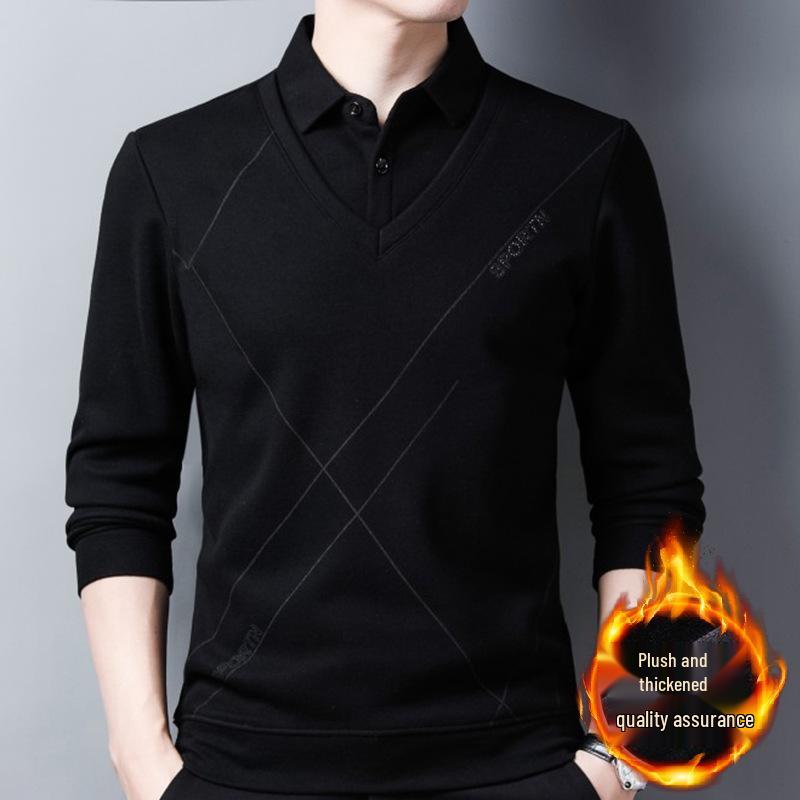 

Men s 2024 Autumn/Winter Plus Velvet Knit Patchwork Collar Shirt XXL