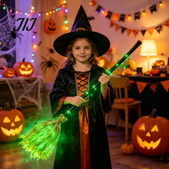 Broom Halloween Witch with Green LED Light, Glowing Cosplay Wizard Illuminated Performance Prop Broomstick, Costume for Themed Parties, Indoor Outdoor