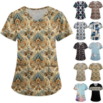 Süße bedruckte Arbeitskleidung für Damen, V-Ausschnitt, doppellagige Taschen, Basic, kurzärmeliges Oberteil, Pullover, Valentinstag