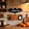 Natural Texture Holiday Sign Halloween BOO Door Sign, Wooden Ghost Evil Pumpkin Black Cat Hanging Welcome Festive for Spooky Bat Hanger Front