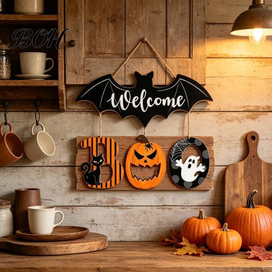 Natural Texture Holiday Sign Halloween BOO Door Sign, Wooden Ghost Evil Pumpkin Black Cat Hanging Welcome Festive for Spooky Bat Hanger Front
