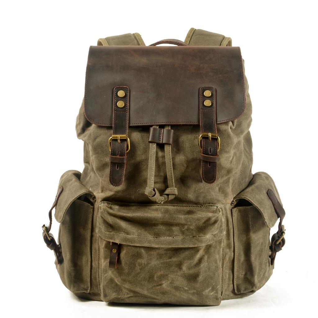 Men'S Backpack Canvas Casual Backpack Trendy Computer Bag Oil Wax Canvas With Leather Bag Trendy Street Style