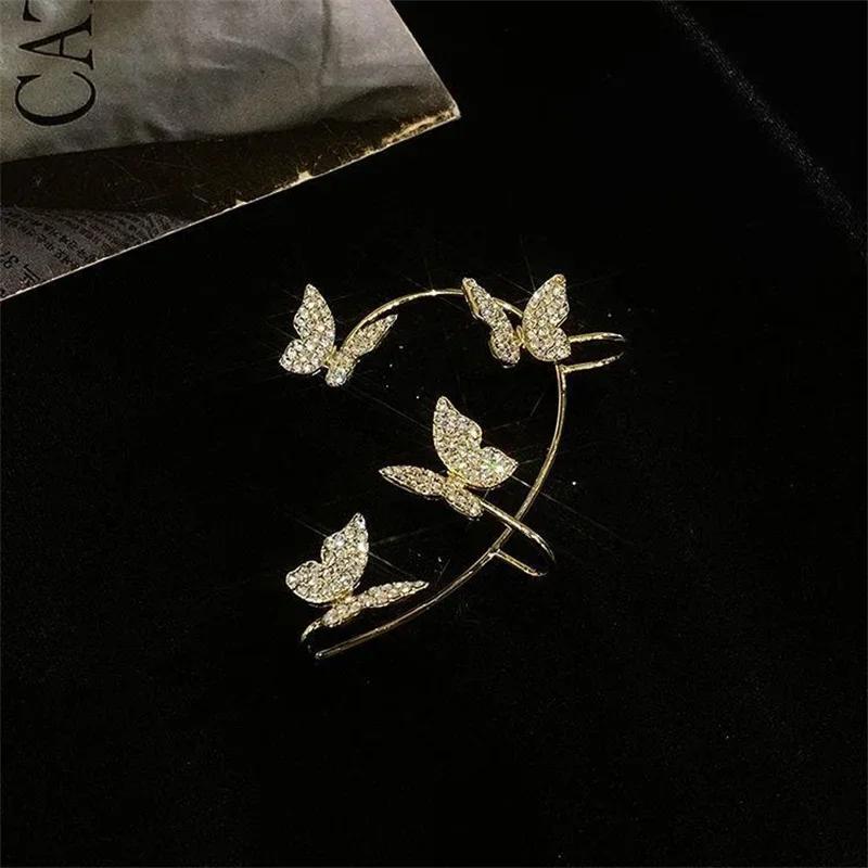 Vintage Classic Gold Silver Metal Butterfly Wings Swallow Earclip Exquisite Thornless Women's Shining Zircon Earrings Jewelry