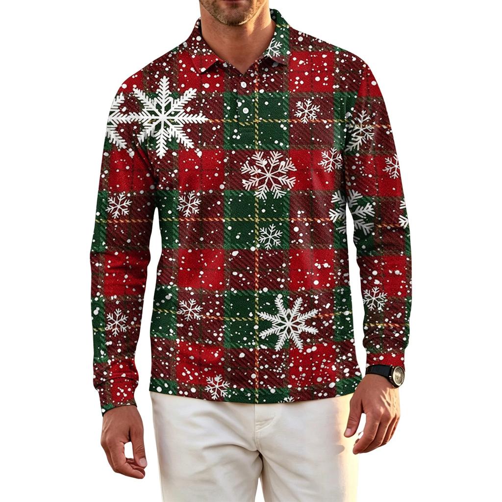 Men's Golf Shirt Long Sleeve Casual Christmas Print Quick-Dry Mesh Top