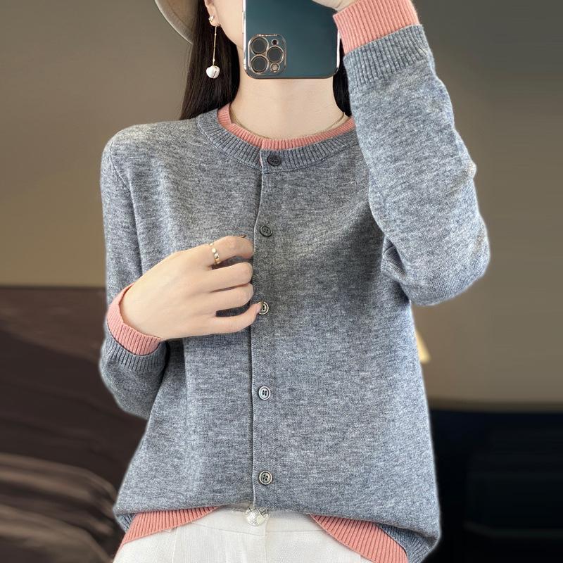 Fake two gray soft waxy knitted sweater women's spring and autumn high-end temperament casual versatile button cardigan jacket