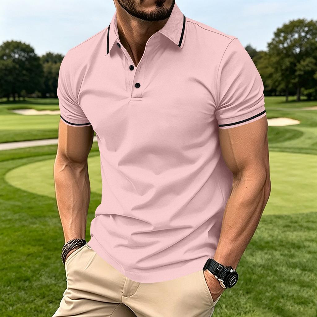 Men's Button Ribbed Collar Polo Shirt Short Sleeve Athletic Fit Casual Lightweight Breathable Fabric Summer Top