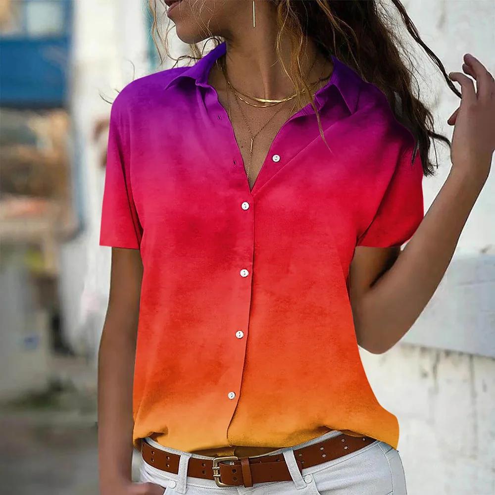 Regenbogen-Gradient 3D-Druck Damenhemden Lässig Revers Knopfleiste Einreihig Knöpfe Hemden Sommer Kurzarm Blusen Oberteile