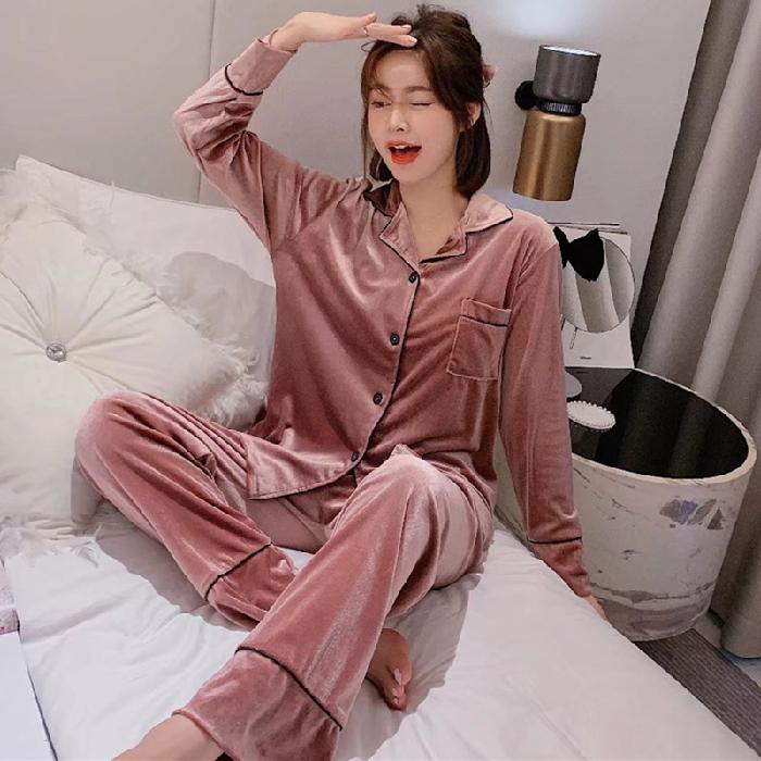 Set de pijamale calde de toamnă iarnă pentru femei Lenjerie de dormit din catifea aurie Costum de pijama pentru surori Soild Costum de trening gros