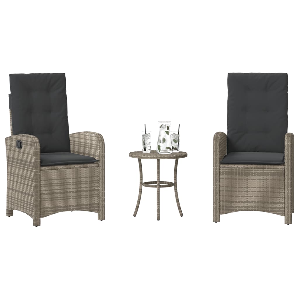 3 Piece Bistro Set with Cushions Grey Poly Rattan