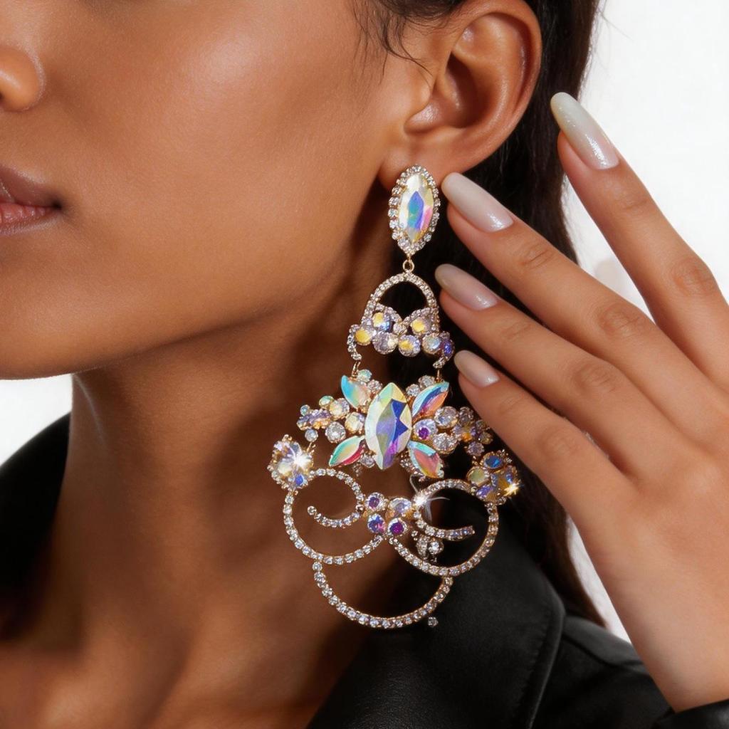 Silver Needle Luxury Full Diamond Hollow-Out Earrings, Retro Palace Style Exaggerated Drops, High-End Light Luxury Studs for Women