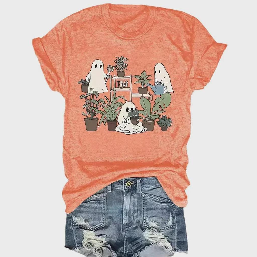 Summer Women's Halloween Ghost Flower Print Round Neck T-Shirt, Casual Fashion, Short Sleeve