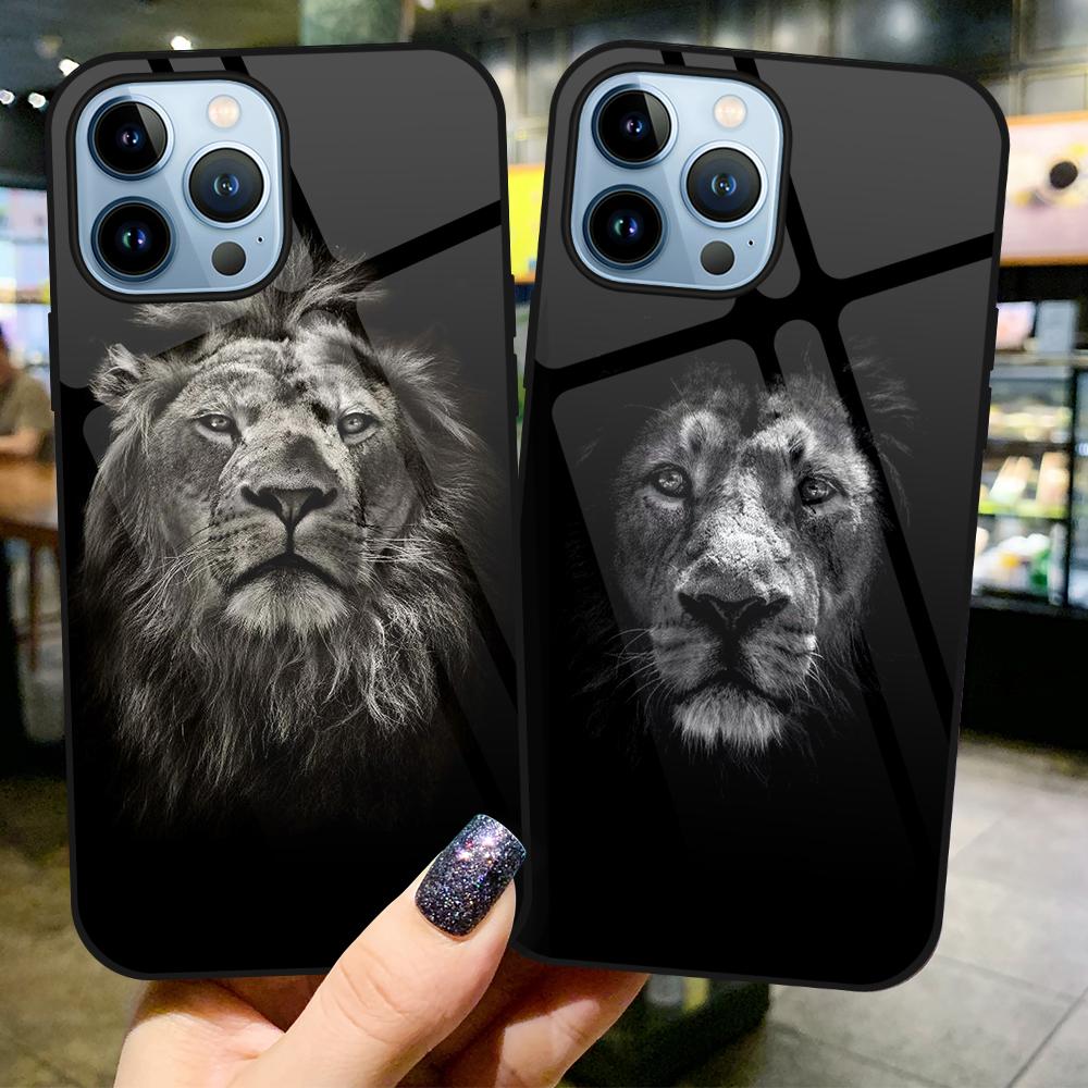 Etui na telefon Animal Lion na iPhone'a 14 13 11 12 Pro Max Mini Xs Xr X 7 8 6s Plus Se 2022 luksusowe szkło hartowane etui Coque Capa