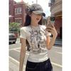 American Crew Neck Front Shoulder Short Sleeve Letter Print T-shirt Women's Summer New Sweet Spice Slim White Top