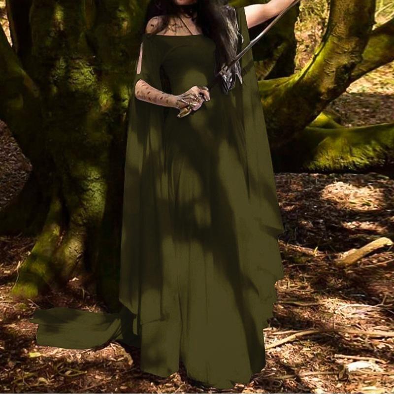 Abito lungo medievale monospalla svolazzante, maniche a mantello in chiffon da elfa donna, Halloween, ballo, abbigliamento retrò