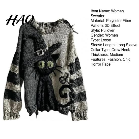 Layering Sweatshirt Halloween Gruseliges Gesicht Pullover für Damen Patchwork Print Strick Frühling Herbst Winter Oberteil Langarm Rundhals Genäht Herbst Outfit