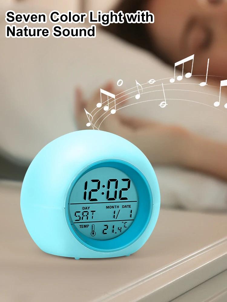Creative 7 Colorful Round LED Light Alarm Clocks Time Date Display Temperature Detection Multi Functional Circular Alarm Clock