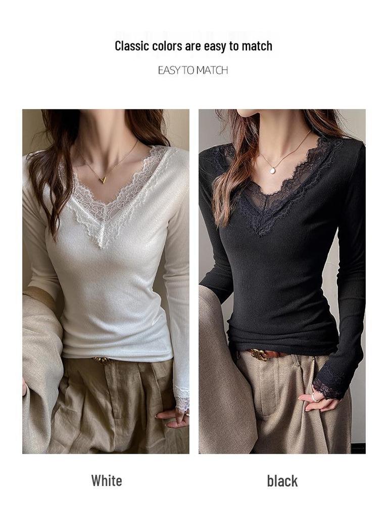 Elegant V-Neck Lace Trim Low-Neck Slimming White Top for Women - Autumn/Winter Innerwear
