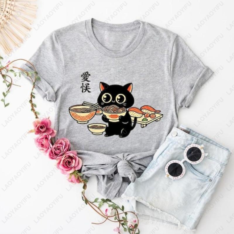 Cute Kawaii Black Cat Eating Sushi Funny Japanese Holiday Unisex Adult Cotton Tshirts Gifts Ramen Japan Food Oneck Printed Tops